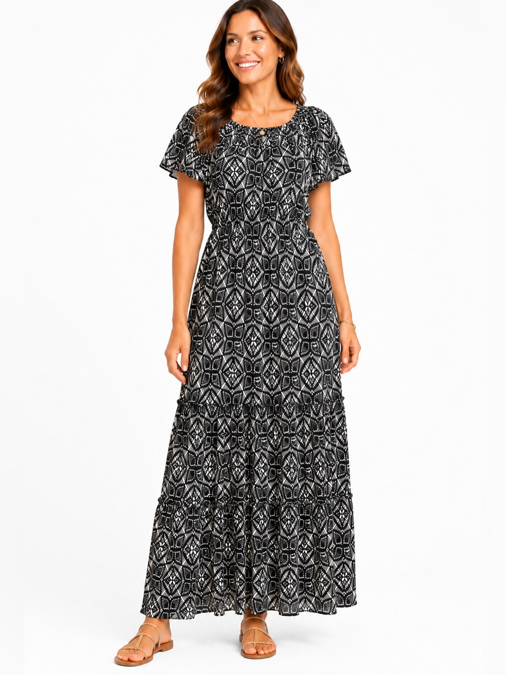 NEW! Style & Co Woman 1X Short Sleeve Lace Print Black Ivory Maxi Dress